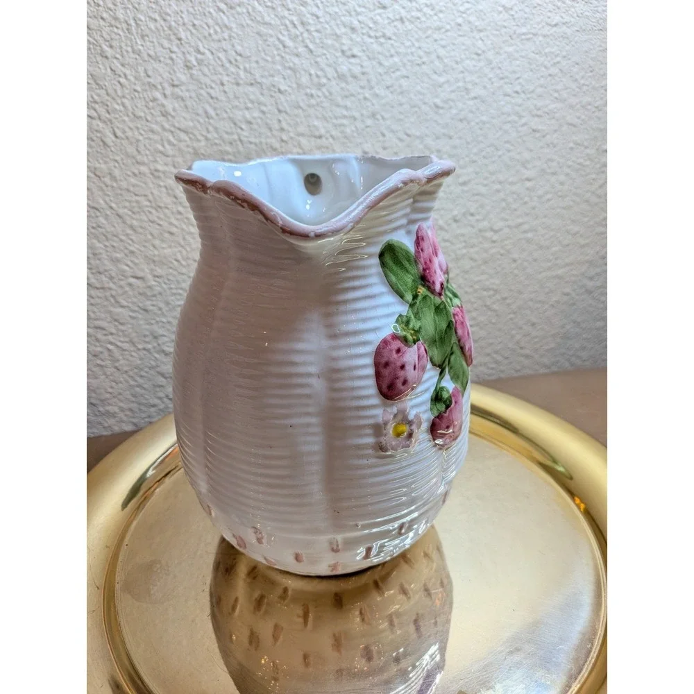 Vintage Italian Majolica Strawberry Pitcher 3D Fruit Relief Made in Italy